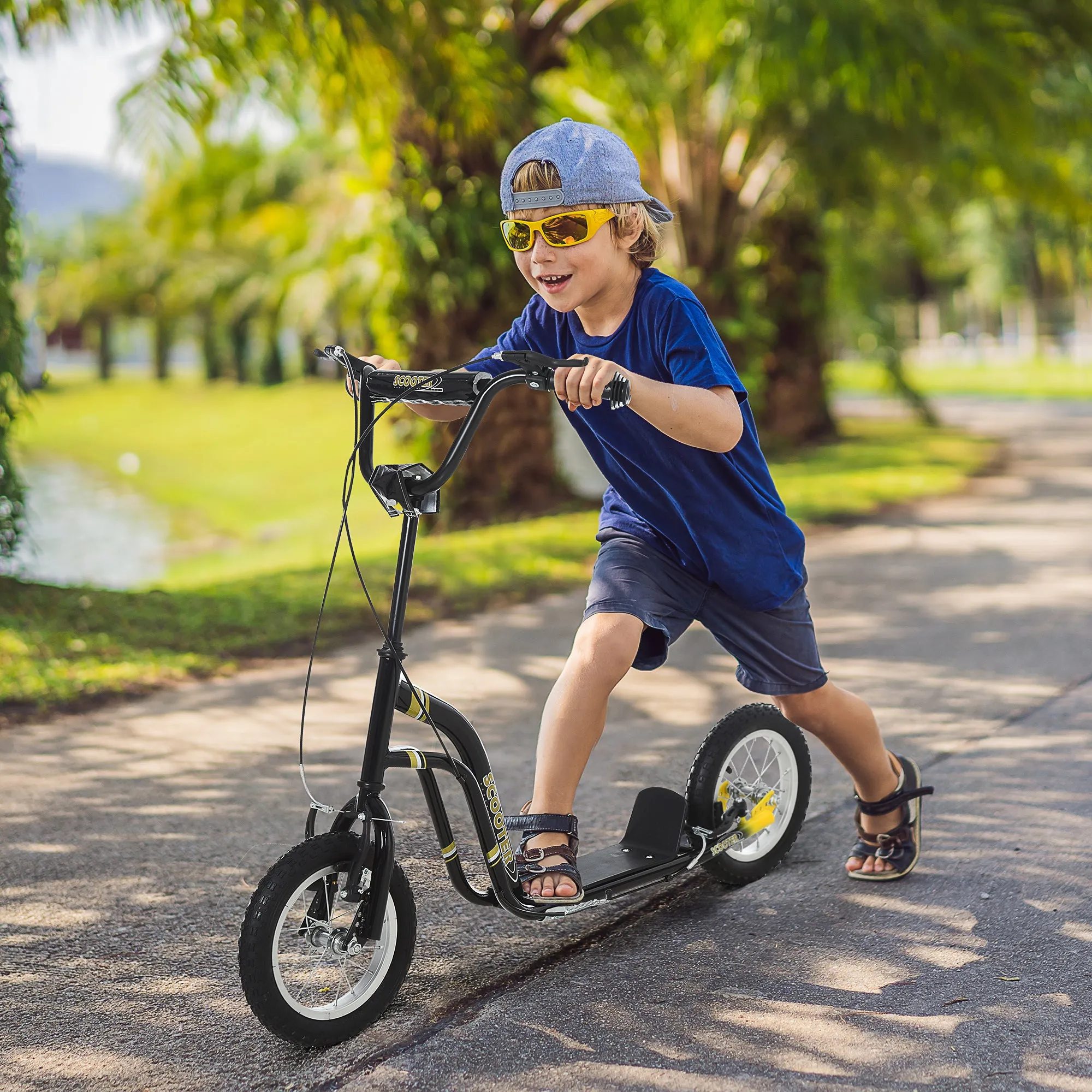 Aosom Youth Scooter Front and Rear Caliper Dual Brakes 12-Inch Inflatable Front Wheel Ride On Toy For Age 5 , Black