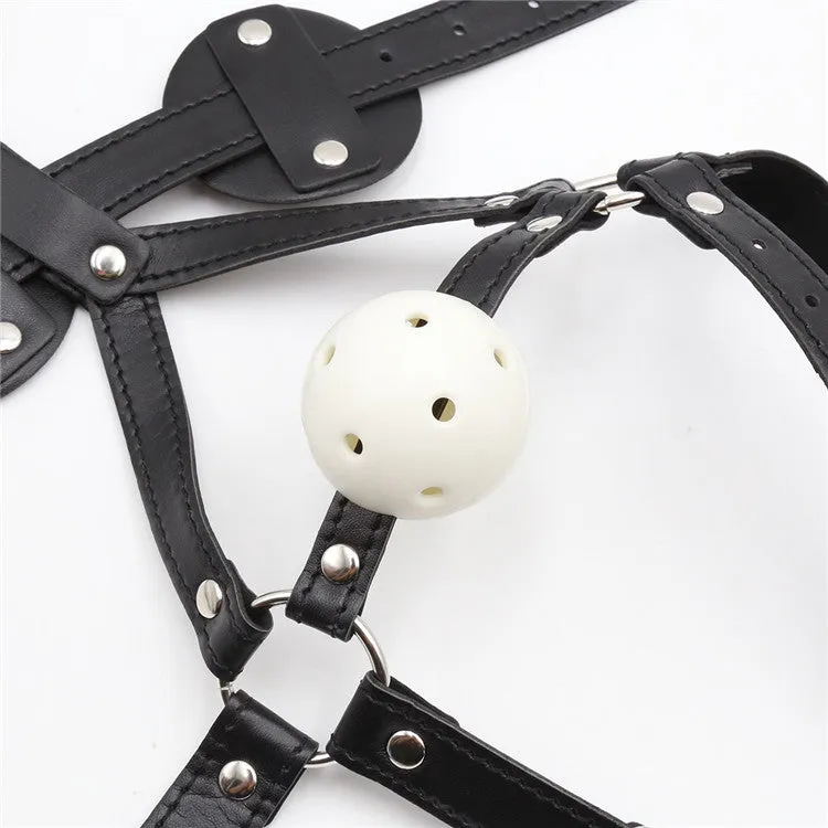 Black Faux Leather Head Harness with Vented Ball Gag