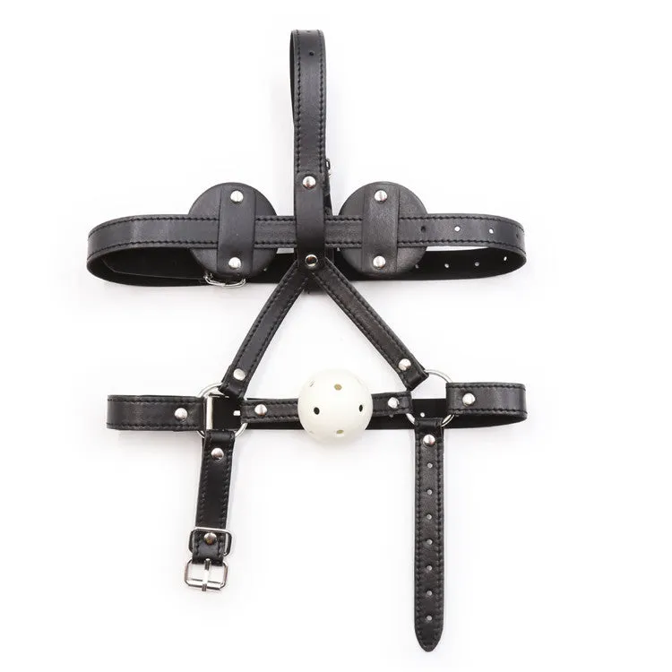 Black Faux Leather Head Harness with Vented Ball Gag