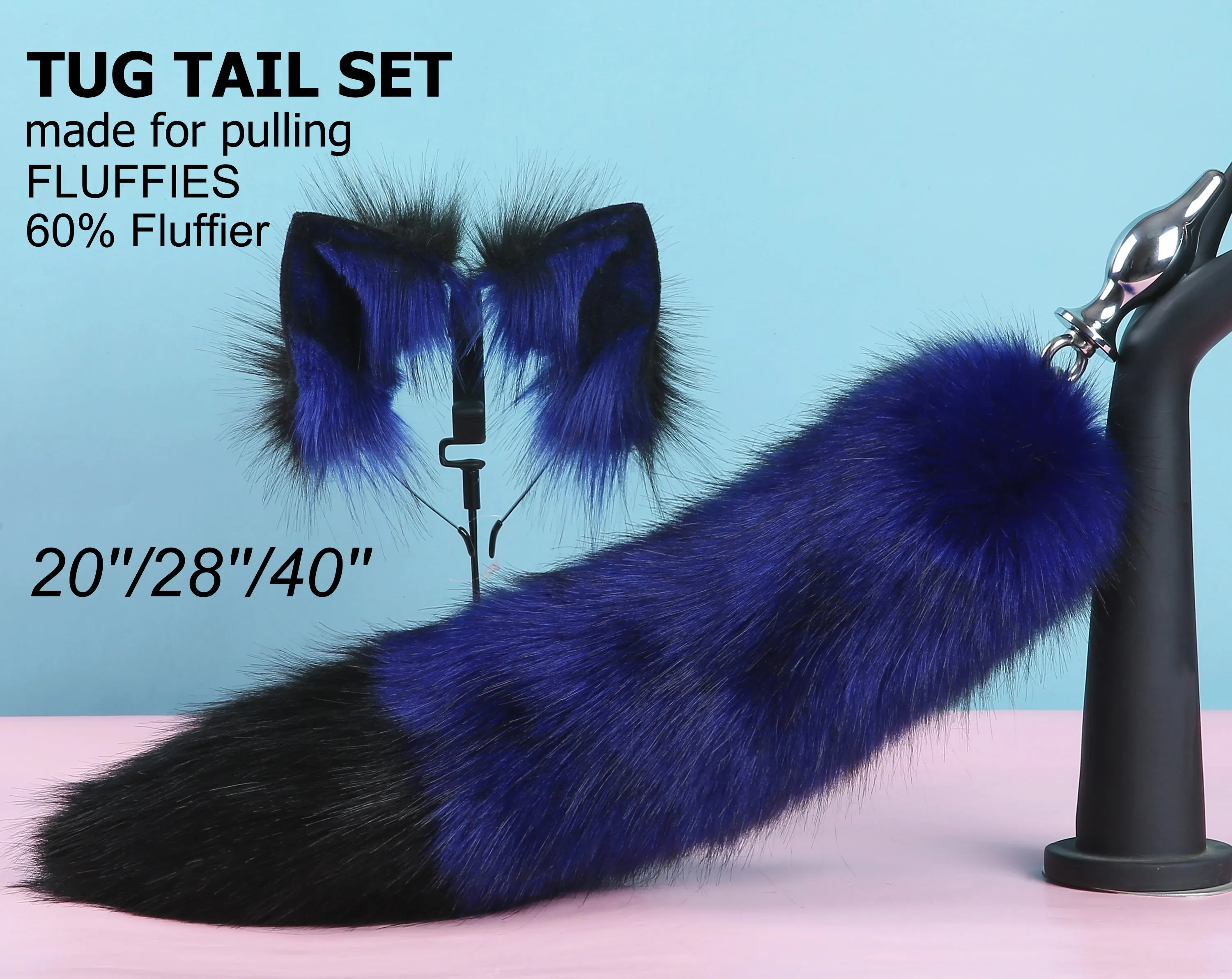 blue black tug tail plug and ear set fluffy fox tail butt plug and ear set wolf tail buttplug sex toy bdsm cat tail bondage petplay