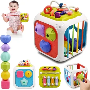 Brand Conquer Montessori Toys 7 in 1 Baby Sensory Toys for Kids Educational Learning Shape Sorter Activity Stacking Baby Toys Interactive Toy Fine Motor Skill (7 in 1 Montessori Learning Cube)