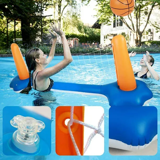 Inflatable Pool Float Set Volleyball Net and Basketball Hoops Floating Pool Swimming Game Toys Water Inflatable Sports Set for Kids