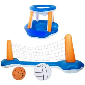 Inflatable Pool Float Set Volleyball Net and Basketball Hoops Floating Pool Swimming Game Toys Water Inflatable Sports Set for Kids