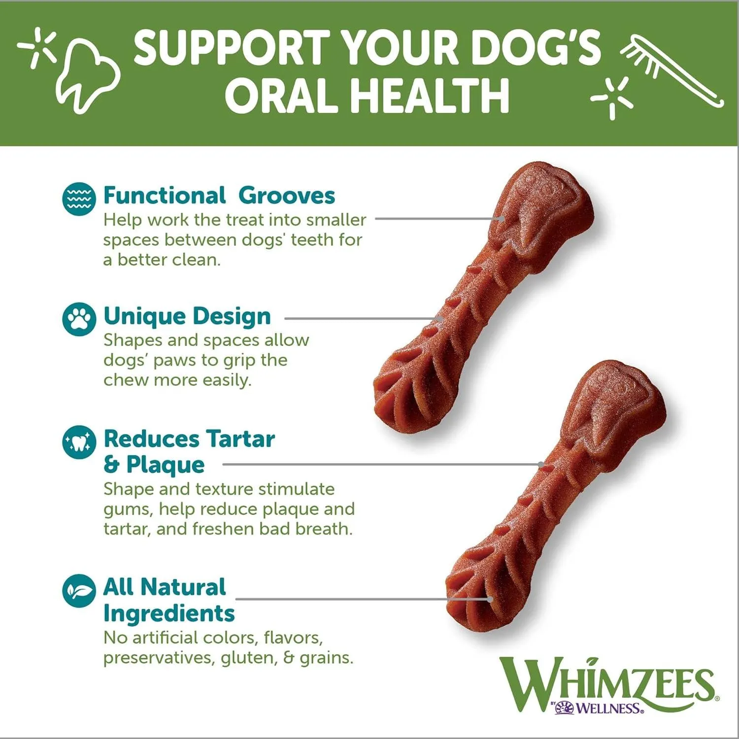 Whimzees Natural Grain Free Daily Dental Long Lasting Dog Treats Brushzees